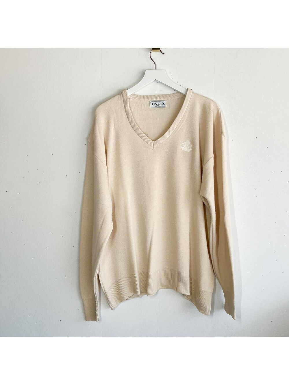 IZOD Vintage Preppy Cream V-Neck Sweater Classic Fit Knit Pullover XL